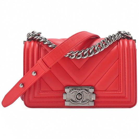 CHANEL Boy Chanel V-Stitch Chain Shoulder Lambskin Red Silver-Tone Hardware, Pre-Owned
