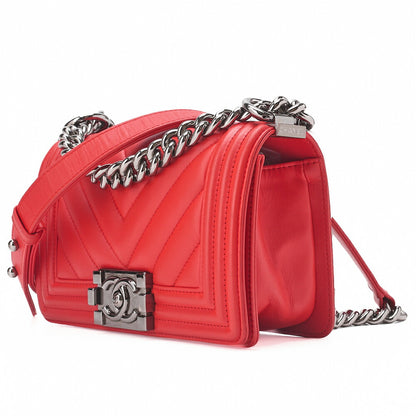 CHANEL Boy Chanel V-Stitch Chain Shoulder Lambskin Red Silver-Tone Hardware, Pre-Owned