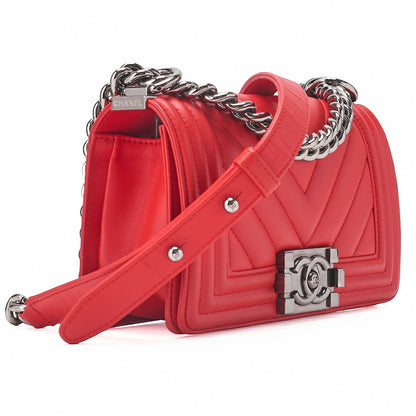 CHANEL Boy Chanel V-Stitch Chain Shoulder Lambskin Red Silver-Tone Hardware, Pre-Owned