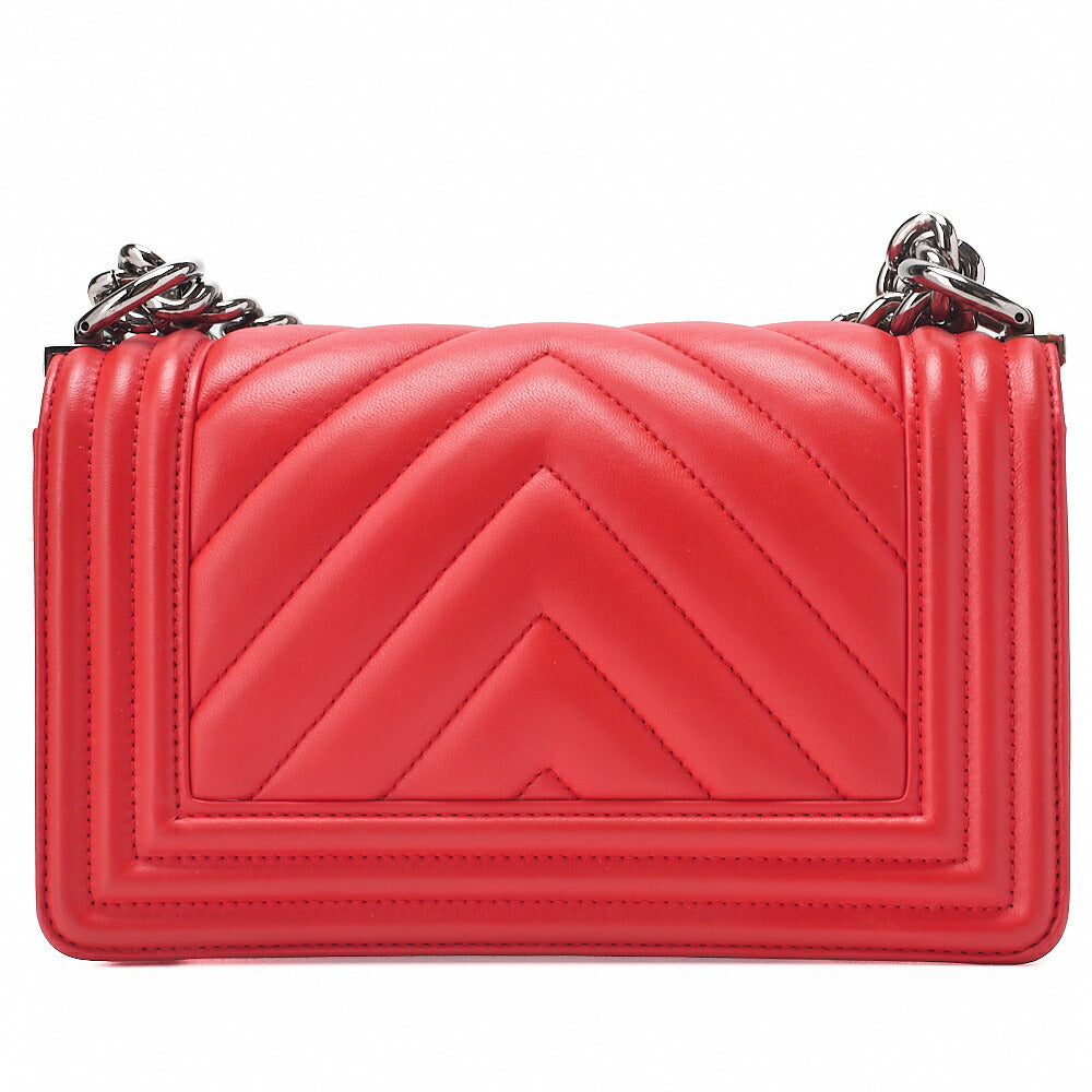 CHANEL Boy Chanel V-Stitch Chain Shoulder Lambskin Red Silver-Tone Hardware, Pre-Owned
