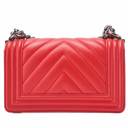 CHANEL Boy Chanel V-Stitch Chain Shoulder Lambskin Red Silver-Tone Hardware, Pre-Owned