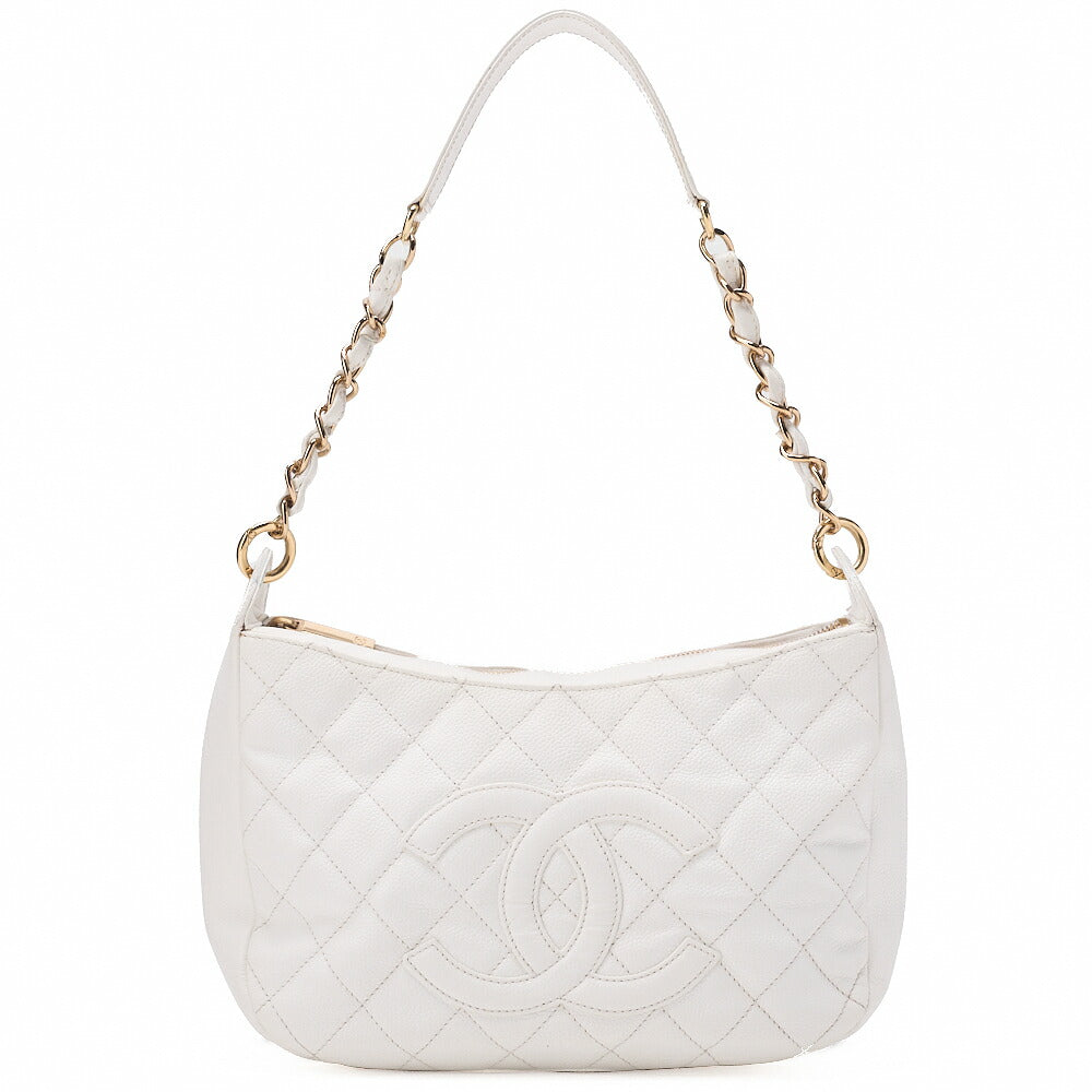 CHANEL Caviar Skin Matelasse Coco Mark One Shoulder White Silver-Tone Hardware, Pre-Owned