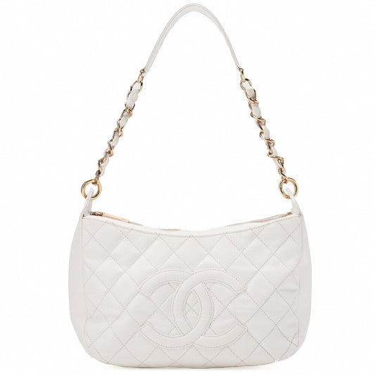 CHANEL Caviar Skin Matelasse Coco Mark One Shoulder White Silver-Tone Hardware, Pre-Owned