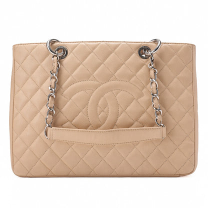 CHANEL Tote Bag Matelasse Caviar Skin Cocomark GST Double Chain Tote Beige Silver-Tone Hardware, Pre-Owned