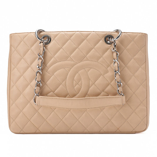 CHANEL Tote Bag Matelasse Caviar Skin Cocomark GST Double Chain Tote Beige Silver-Tone Hardware, Pre-Owned
