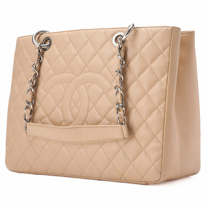 CHANEL Tote Bag Matelasse Caviar Skin Cocomark GST Double Chain Tote Beige Silver-Tone Hardware, Pre-Owned
