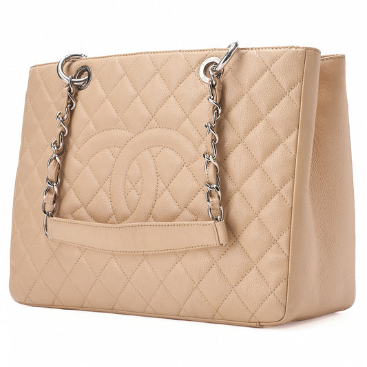 CHANEL Tote Bag Matelasse Caviar Skin Cocomark GST Double Chain Tote Beige Silver-Tone Hardware, Pre-Owned