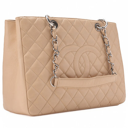 CHANEL Tote Bag Matelasse Caviar Skin Cocomark GST Double Chain Tote Beige Silver-Tone Hardware, Pre-Owned