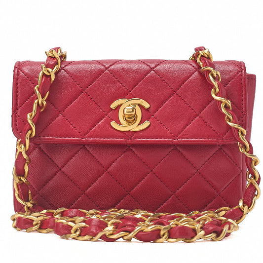 CHANEL Lambskin Mini Matelasse 14cm Turnlock Chain Shoulder Red Gold-Tone Hardware, Pre-Owned