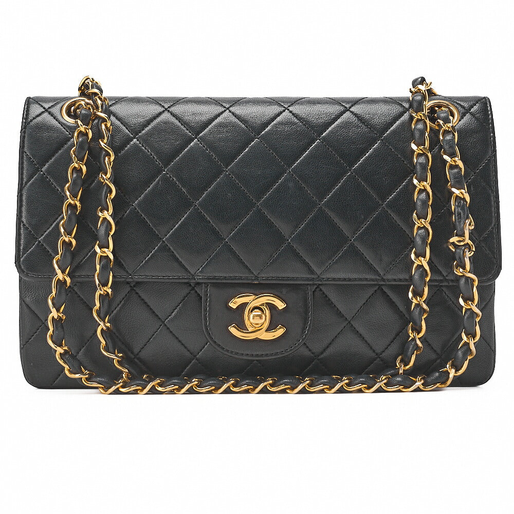 CHANEL Lambskin Matelasse W Straight Flap 25 Chain Shoulder Black Gold-Tone Hardware, Pre-Owned