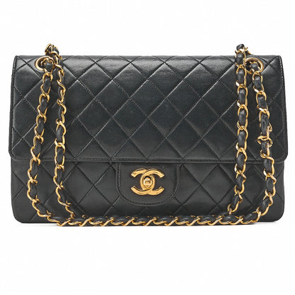 CHANEL Lambskin Matelasse W Straight Flap 25 Chain Shoulder Black Gold-Tone Hardware, Pre-Owned