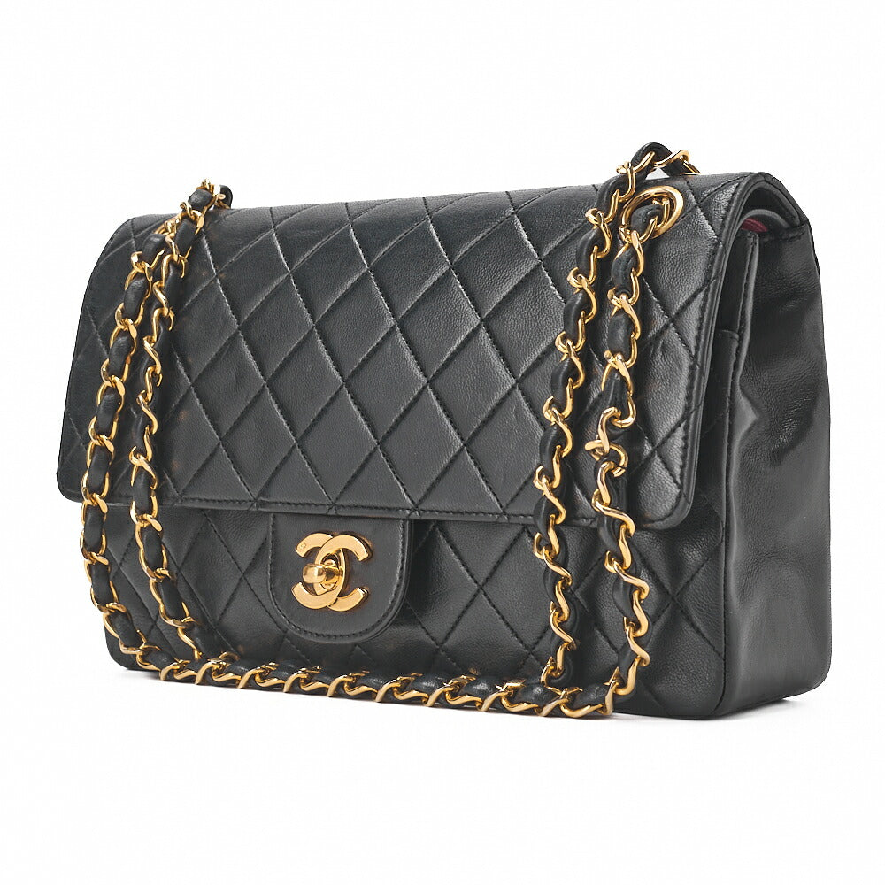 CHANEL Lambskin Matelasse W Straight Flap 25 Chain Shoulder Black Gold-Tone Hardware, Pre-Owned