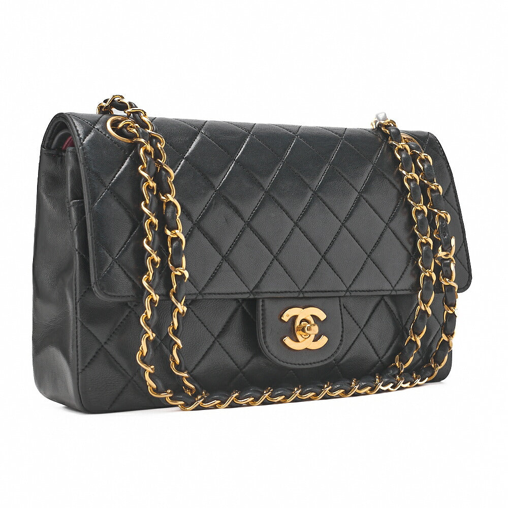 CHANEL Lambskin Matelasse W Straight Flap 25 Chain Shoulder Black Gold-Tone Hardware, Pre-Owned