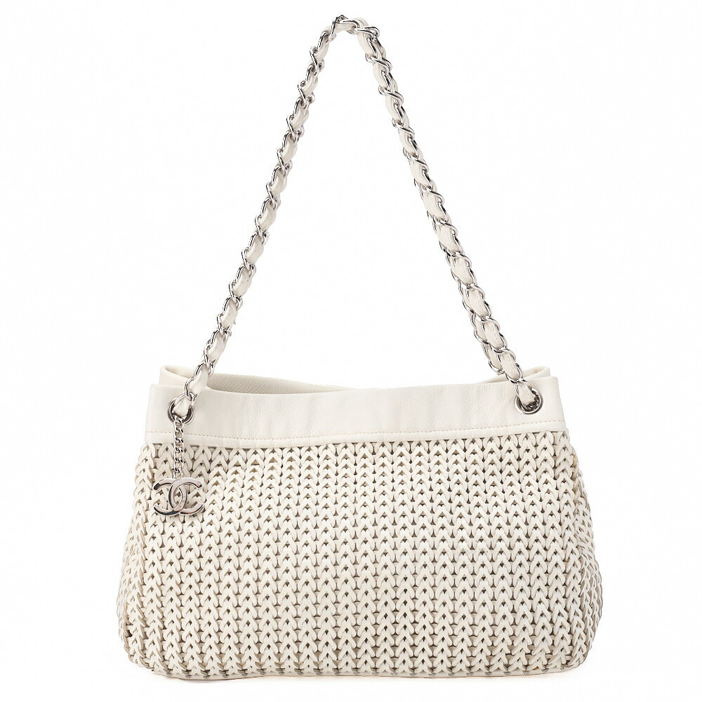 CHANEL Caviar Skin Shoulder Bag Braided Chain Tote Leather Coco Charm White Silver-Tone Hardware, Pre-Owned