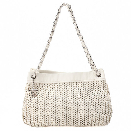 CHANEL Caviar Skin Shoulder Bag Braided Chain Tote Leather Coco Charm White Silver-Tone Hardware, Pre-Owned