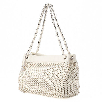 CHANEL Caviar Skin Shoulder Bag Braided Chain Tote Leather Coco Charm White Silver-Tone Hardware, Pre-Owned