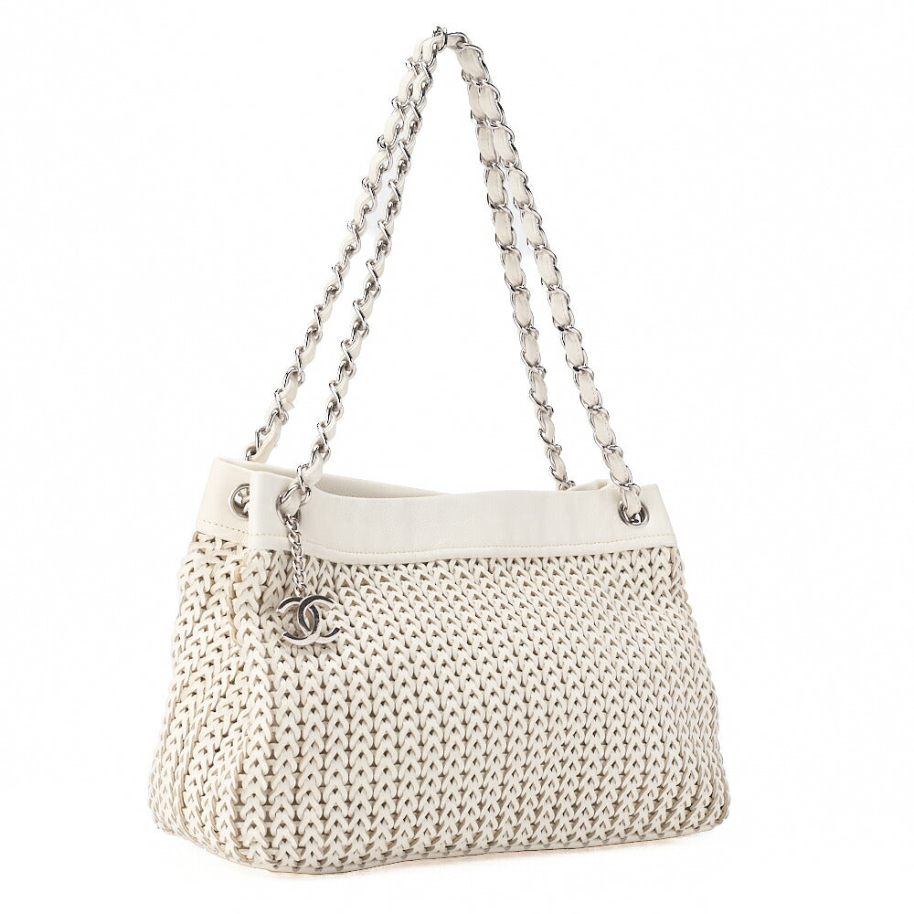 CHANEL Caviar Skin Shoulder Bag Braided Chain Tote Leather Coco Charm White Silver-Tone Hardware, Pre-Owned