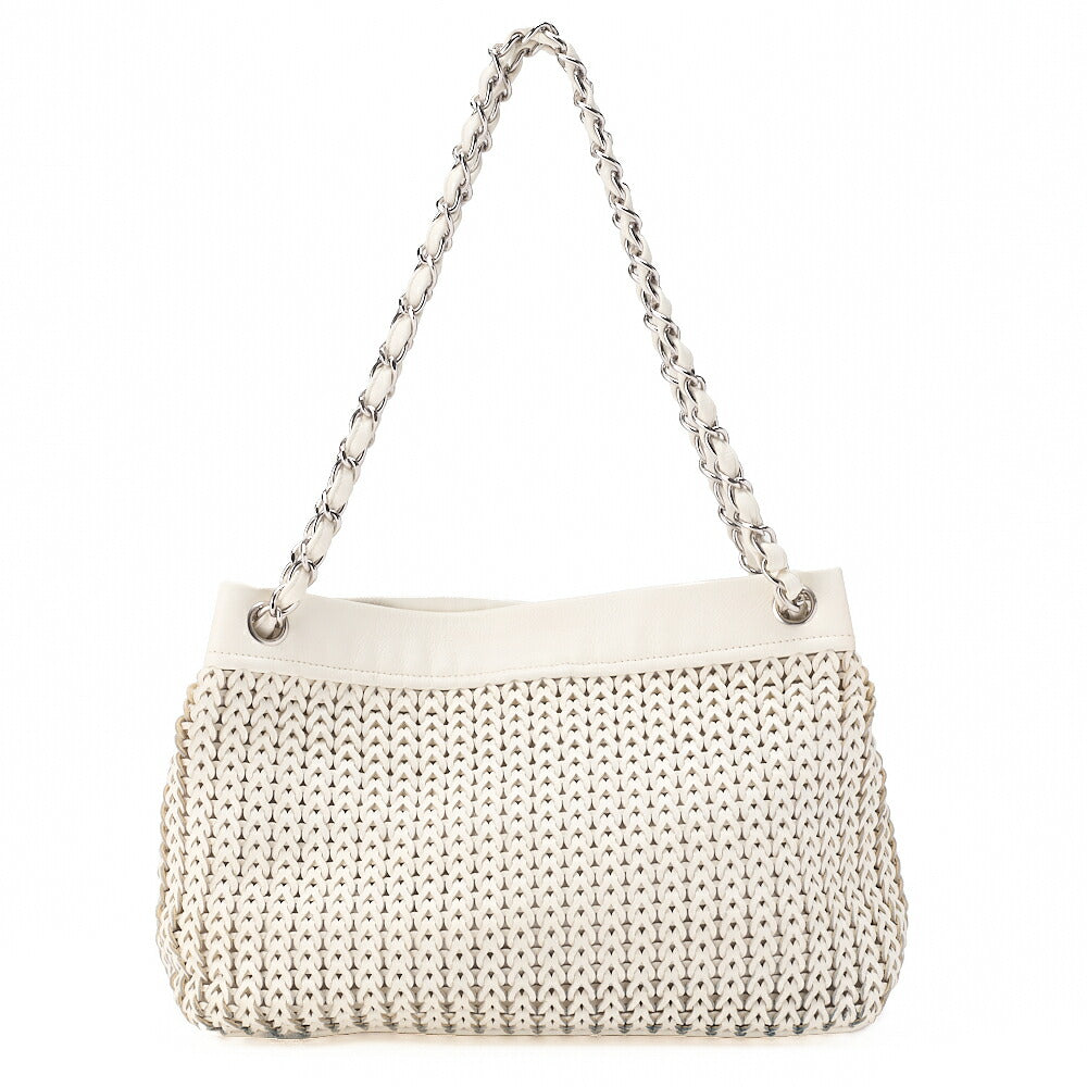 CHANEL Caviar Skin Shoulder Bag Braided Chain Tote Leather Coco Charm White Silver-Tone Hardware, Pre-Owned