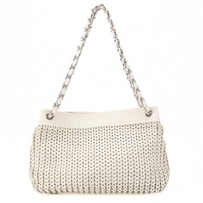 CHANEL Caviar Skin Shoulder Bag Braided Chain Tote Leather Coco Charm White Silver-Tone Hardware, Pre-Owned