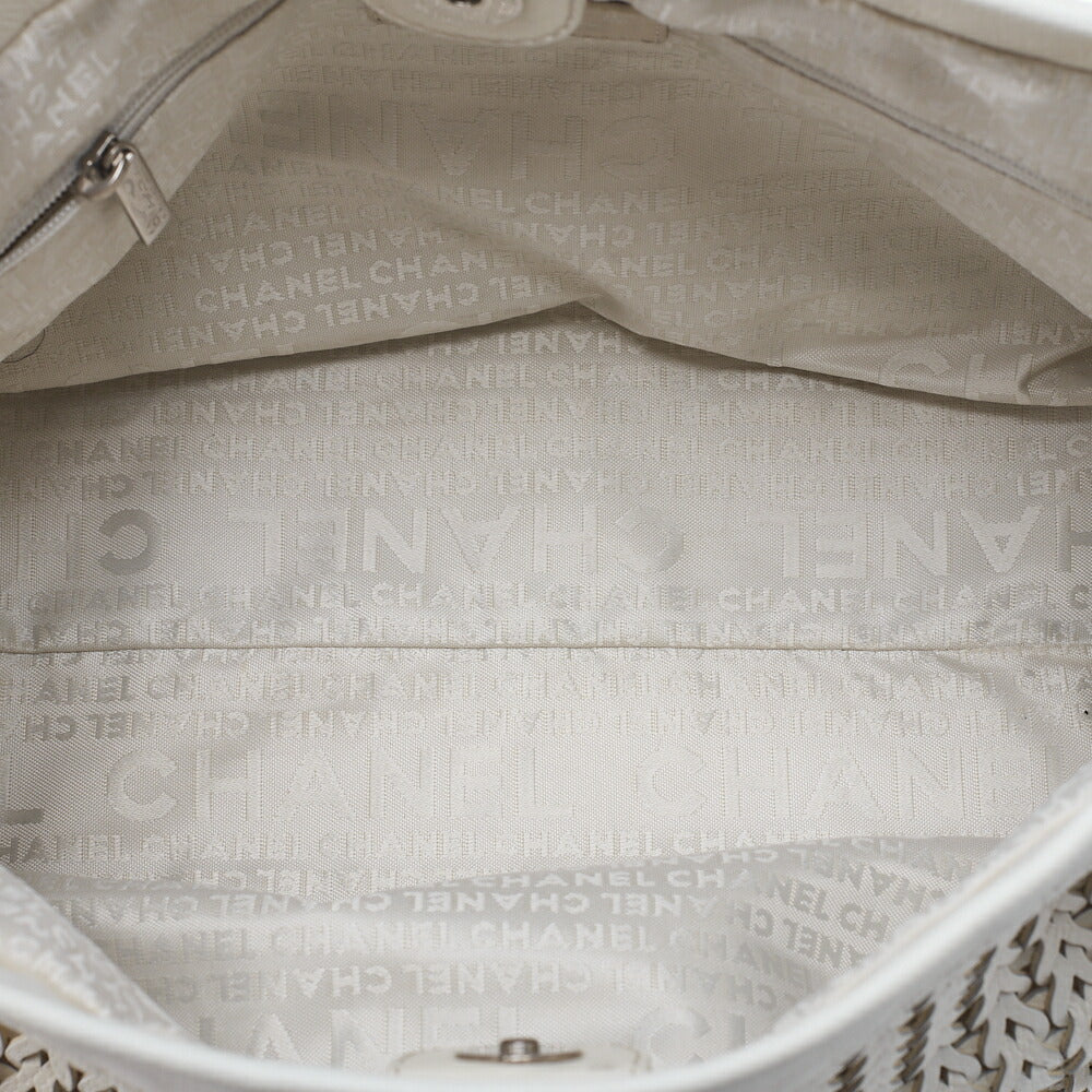 CHANEL Caviar Skin Shoulder Bag Braided Chain Tote Leather Coco Charm White Silver-Tone Hardware, Pre-Owned