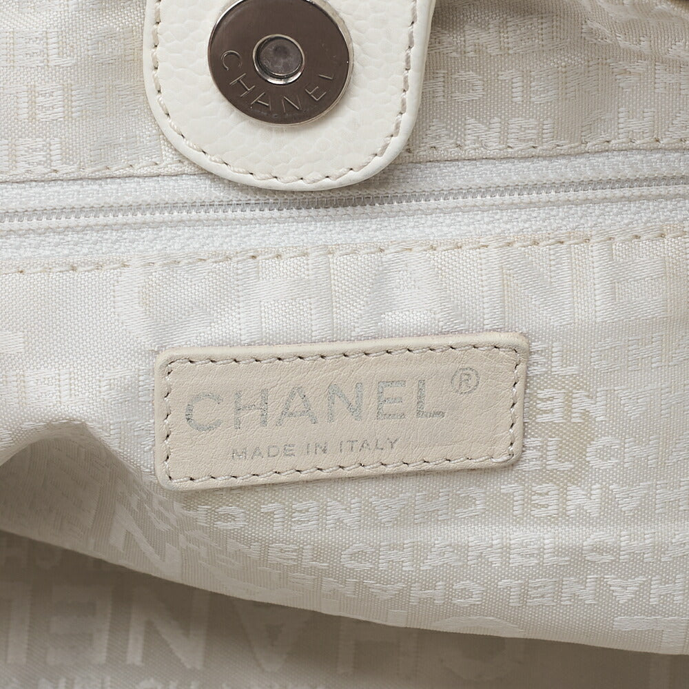 CHANEL Caviar Skin Shoulder Bag Braided Chain Tote Leather Coco Charm White Silver-Tone Hardware, Pre-Owned