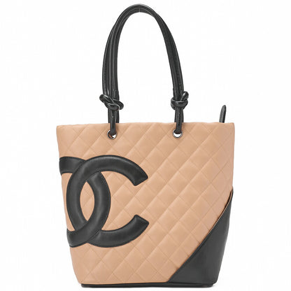 CHANEL Cambon Line Matelasse Calf Leather Beige X Black Tote Bag (Silver Fittings) Women's [Used] [Free Shipping]