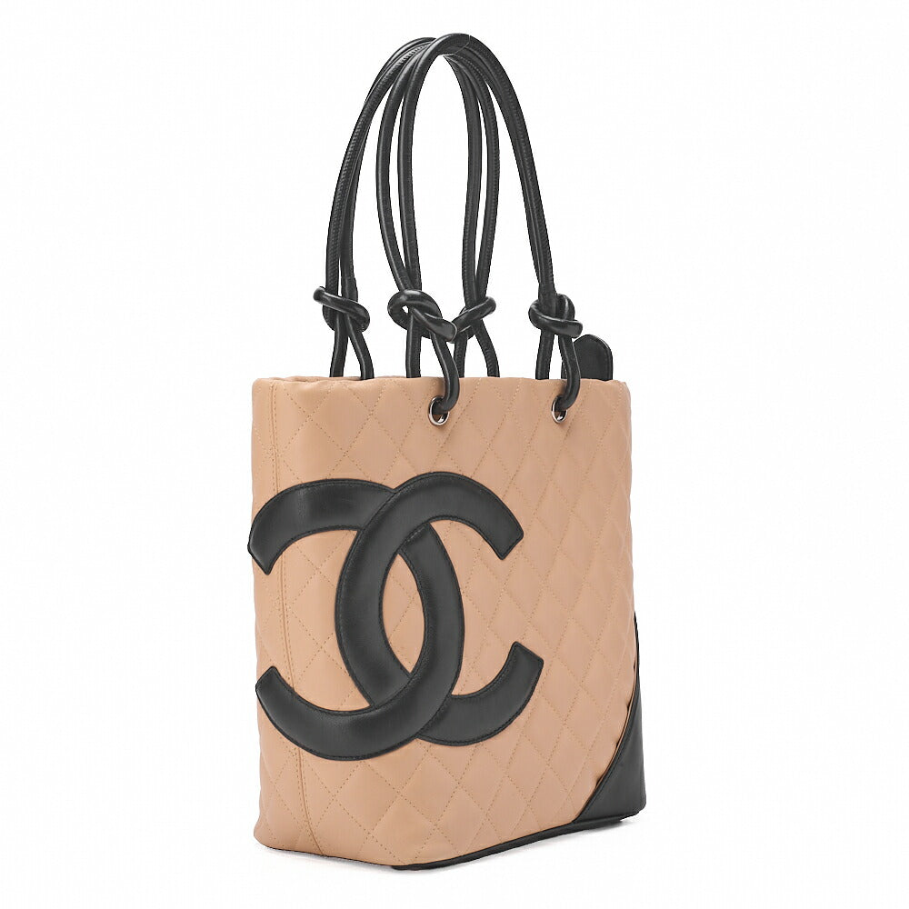 CHANEL Cambon Line Matelasse Calf Leather Beige X Black Tote Bag (Silver Fittings) Women's [Used] [Free Shipping]