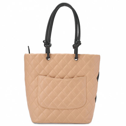 CHANEL Cambon Line Matelasse Calf Leather Beige X Black Tote Bag (Silver Fittings) Women's [Used] [Free Shipping]