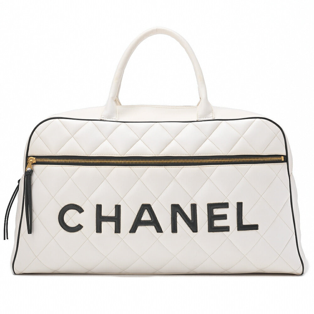 CHANEL Handbag Boston Bag Calfskin Matlasse Sportline Logo White X Black Gold-Tone Hardware, Pre-Owned