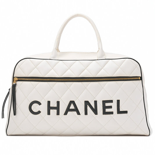 CHANEL Handbag Boston Bag Calfskin Matlasse Sportline Logo White X Black Gold-Tone Hardware, Pre-Owned