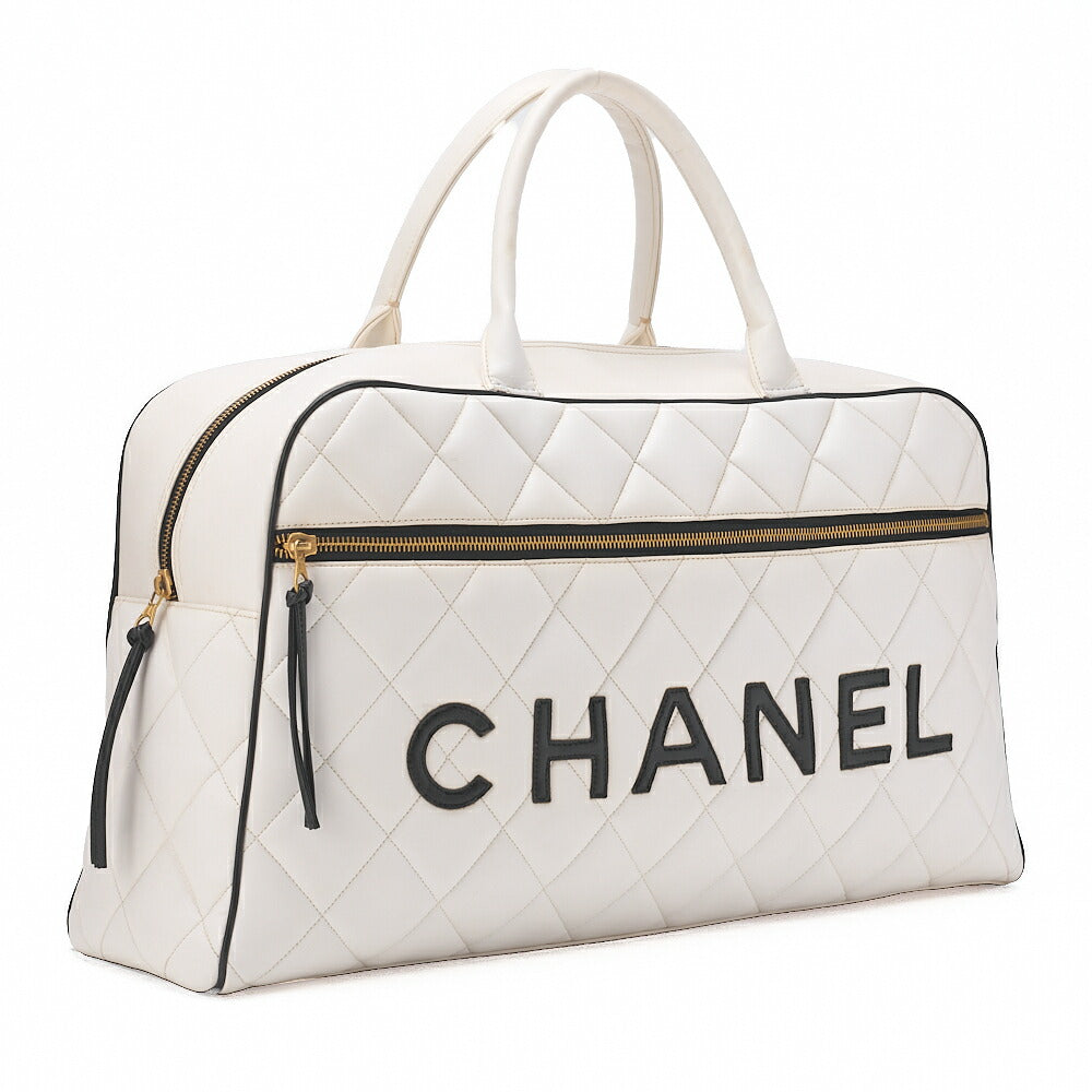 CHANEL Handbag Boston Bag Calfskin Matlasse Sportline Logo White X Black Gold-Tone Hardware, Pre-Owned