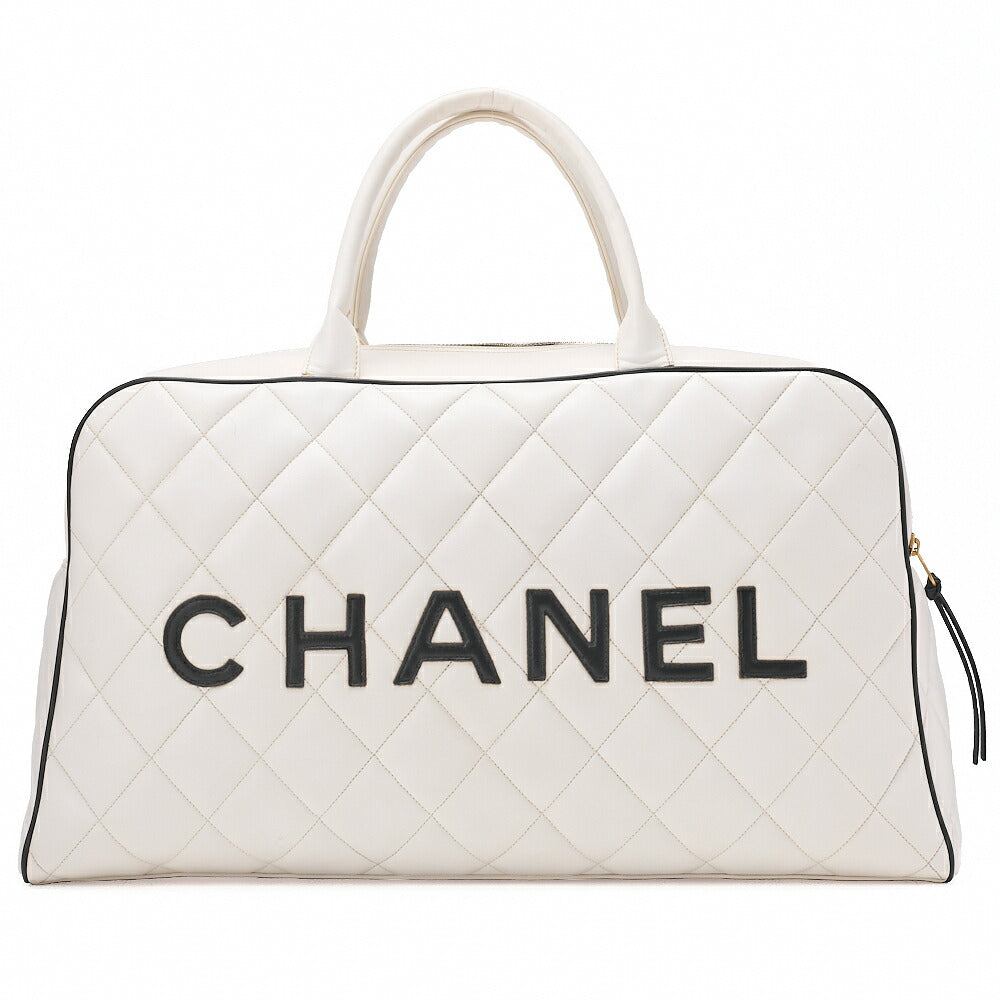 CHANEL Handbag Boston Bag Calfskin Matlasse Sportline Logo White X Black Gold-Tone Hardware, Pre-Owned