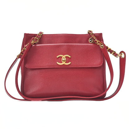CHANEL Caviar Skin Outside Flap Turnlock Chain Tote Bag Red Gold-Tone Hardware, Pre-Owned