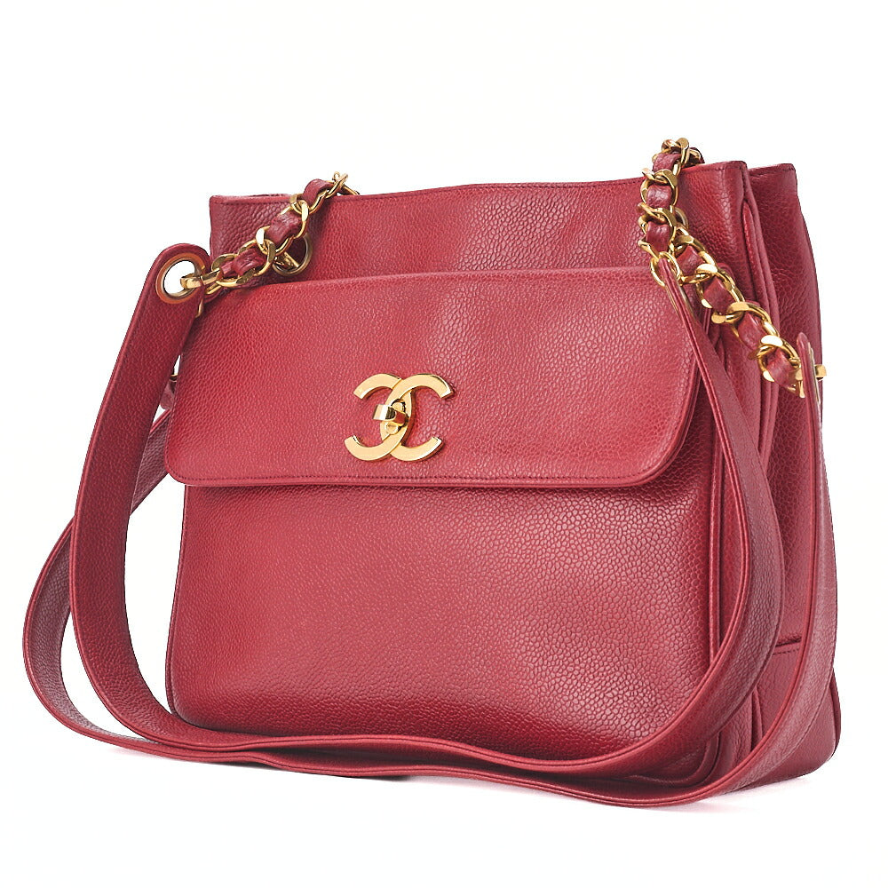 CHANEL Caviar Skin Outside Flap Turnlock Chain Tote Bag Red Gold-Tone Hardware, Pre-Owned