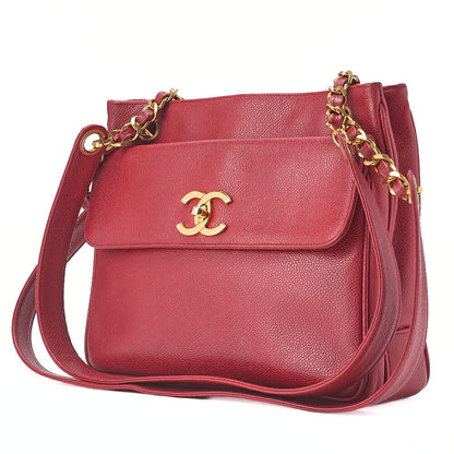 CHANEL Caviar Skin Outside Flap Turnlock Chain Tote Bag Red Gold-Tone Hardware, Pre-Owned
