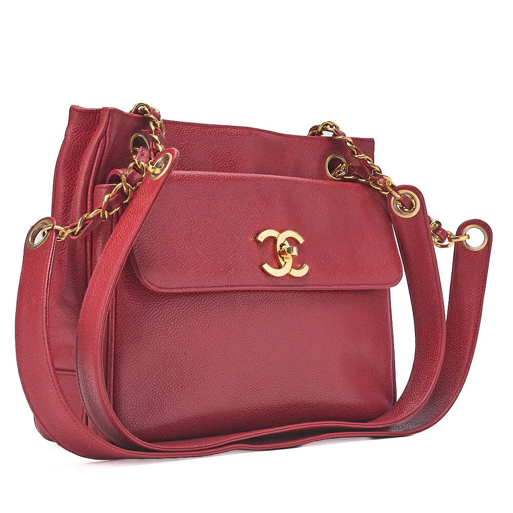 CHANEL Caviar Skin Outside Flap Turnlock Chain Tote Bag Red Gold-Tone Hardware, Pre-Owned