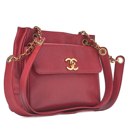 CHANEL Caviar Skin Outside Flap Turnlock Chain Tote Bag Red Gold-Tone Hardware, Pre-Owned