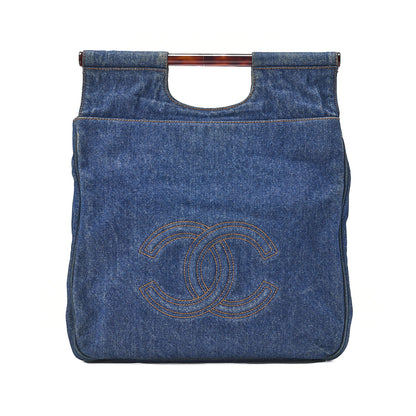 CHANEL Handbag Coco Mark Tortoiseshell Denim Silver-Tone Hardware, Pre-Owned