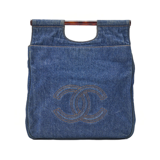 CHANEL Handbag Coco Mark Tortoiseshell Denim Silver-Tone Hardware, Pre-Owned