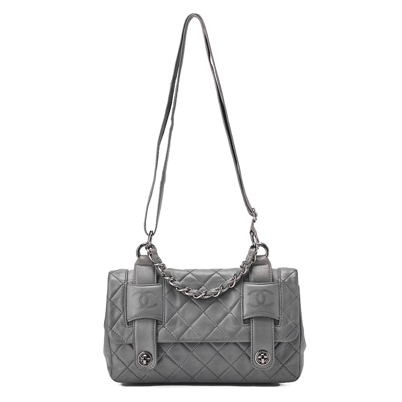 シャネル ラムスキン マトラッセ ダブルロック ショルダーバッグ グレー シルバー金具, 中古品