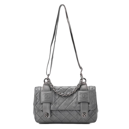 シャネル ラムスキン マトラッセ ダブルロック ショルダーバッグ グレー シルバー金具, 中古品
