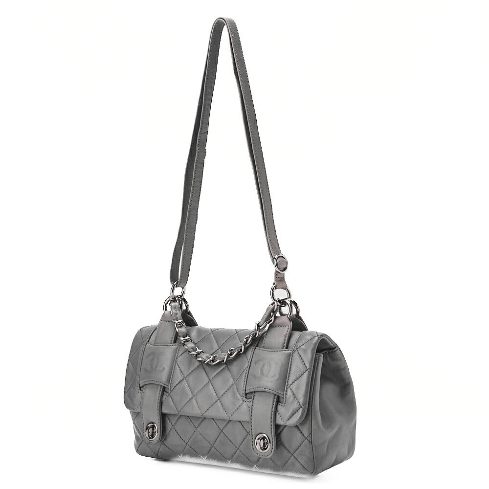 シャネル ラムスキン マトラッセ ダブルロック ショルダーバッグ グレー シルバー金具, 中古品