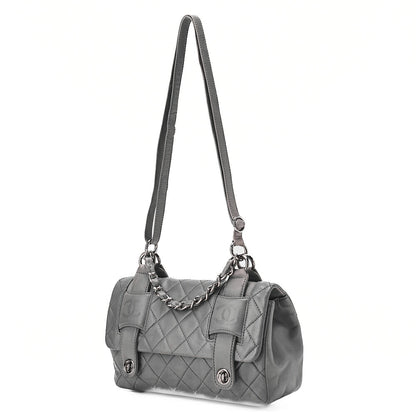 シャネル ラムスキン マトラッセ ダブルロック ショルダーバッグ グレー シルバー金具, 中古品