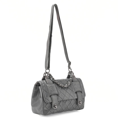 シャネル ラムスキン マトラッセ ダブルロック ショルダーバッグ グレー シルバー金具, 中古品