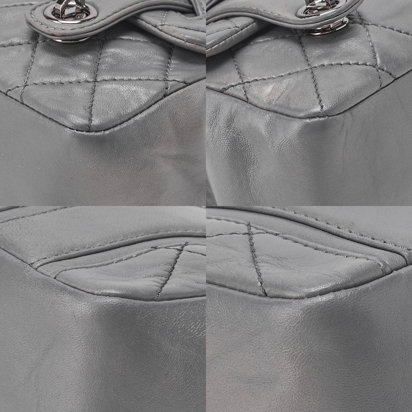 シャネル ラムスキン マトラッセ ダブルロック ショルダーバッグ グレー シルバー金具, 中古品