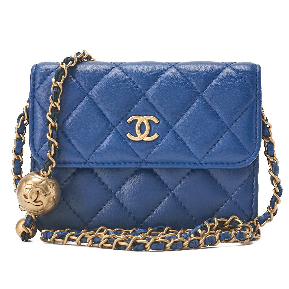 CHANEL Lambskin Mini Matelasse 12cm Single Chain Coin Case Blue Gold-Tone Hardware, Pre-Owned