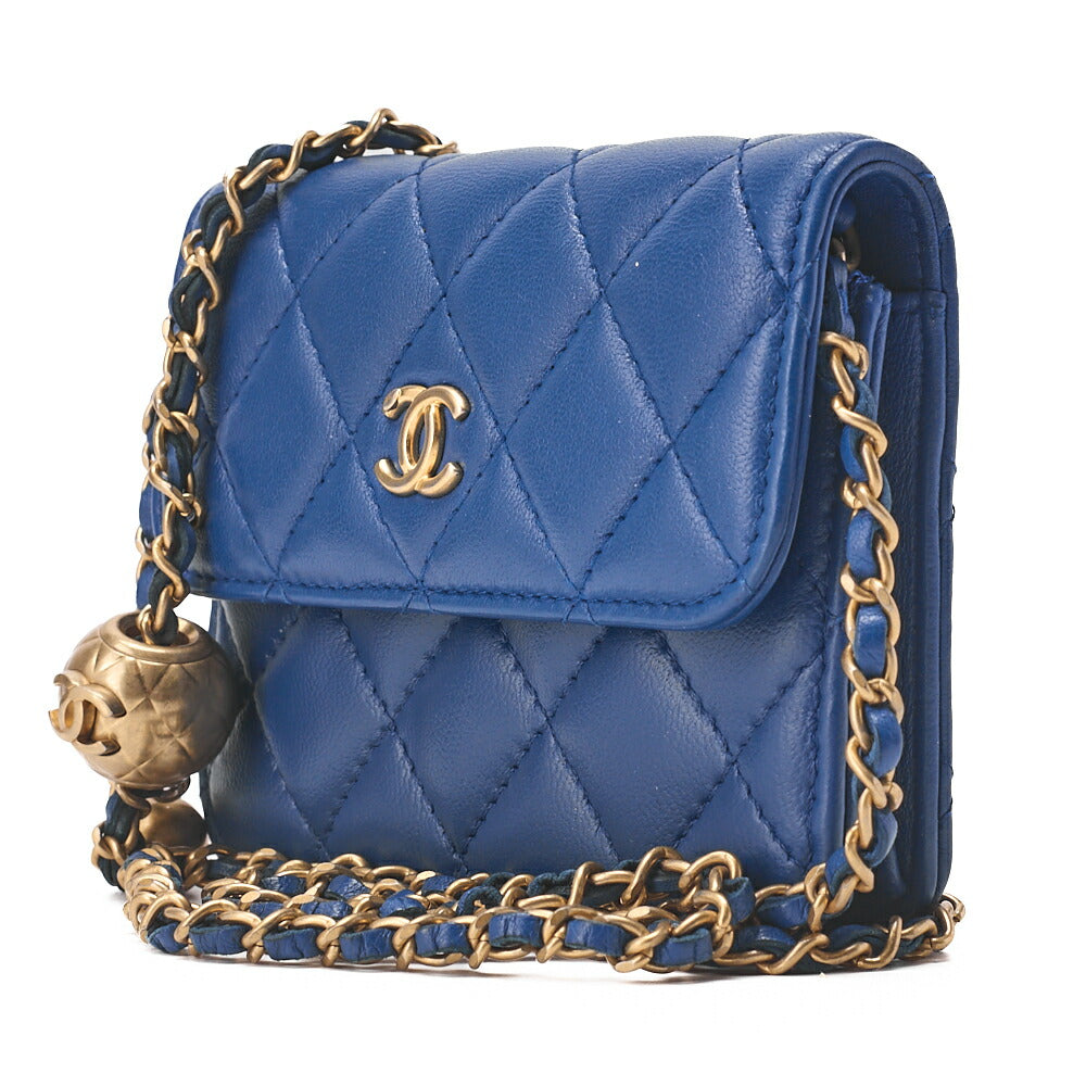 CHANEL Lambskin Mini Matelasse 12cm Single Chain Coin Case Blue Gold-Tone Hardware, Pre-Owned