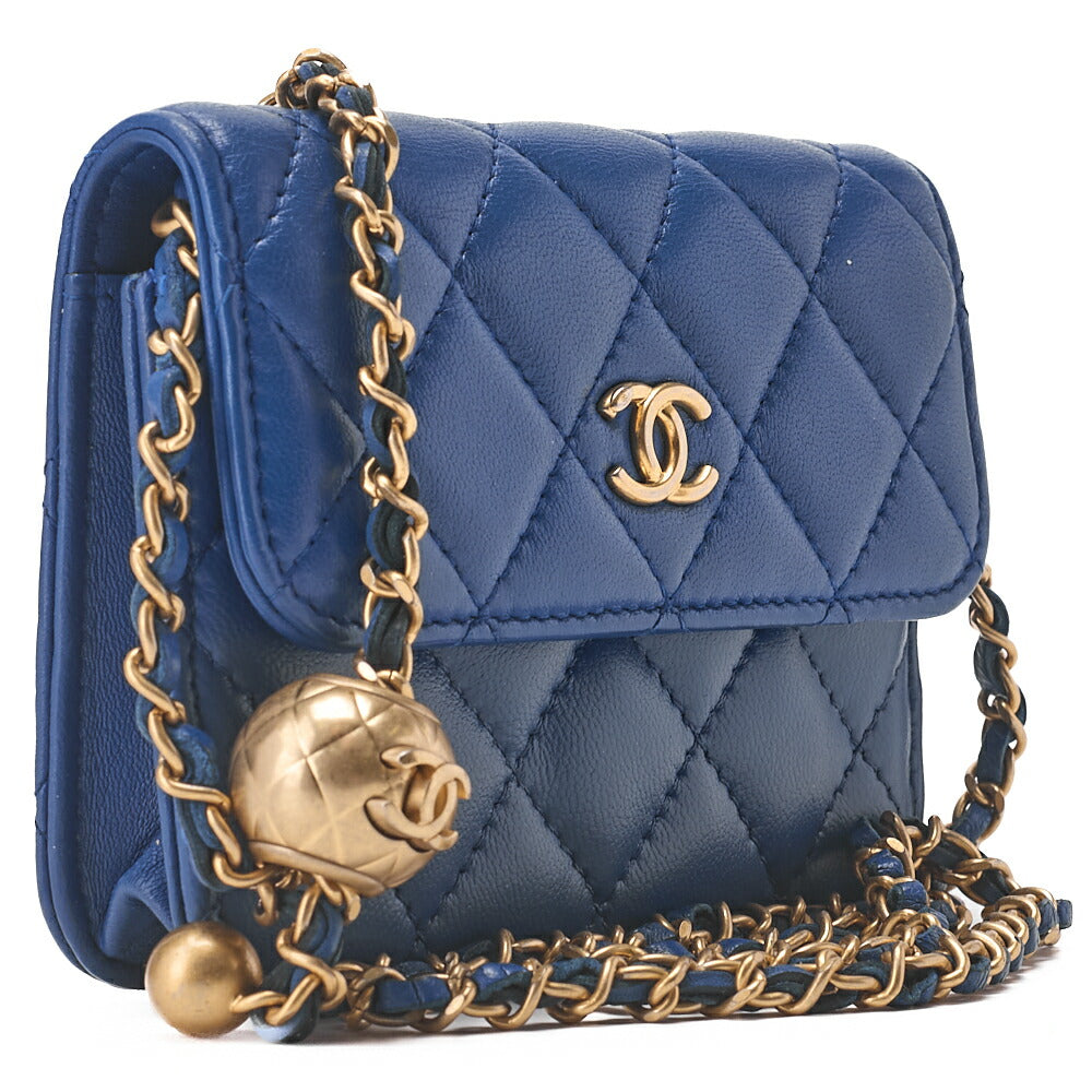 CHANEL Lambskin Mini Matelasse 12cm Single Chain Coin Case Blue Gold-Tone Hardware, Pre-Owned