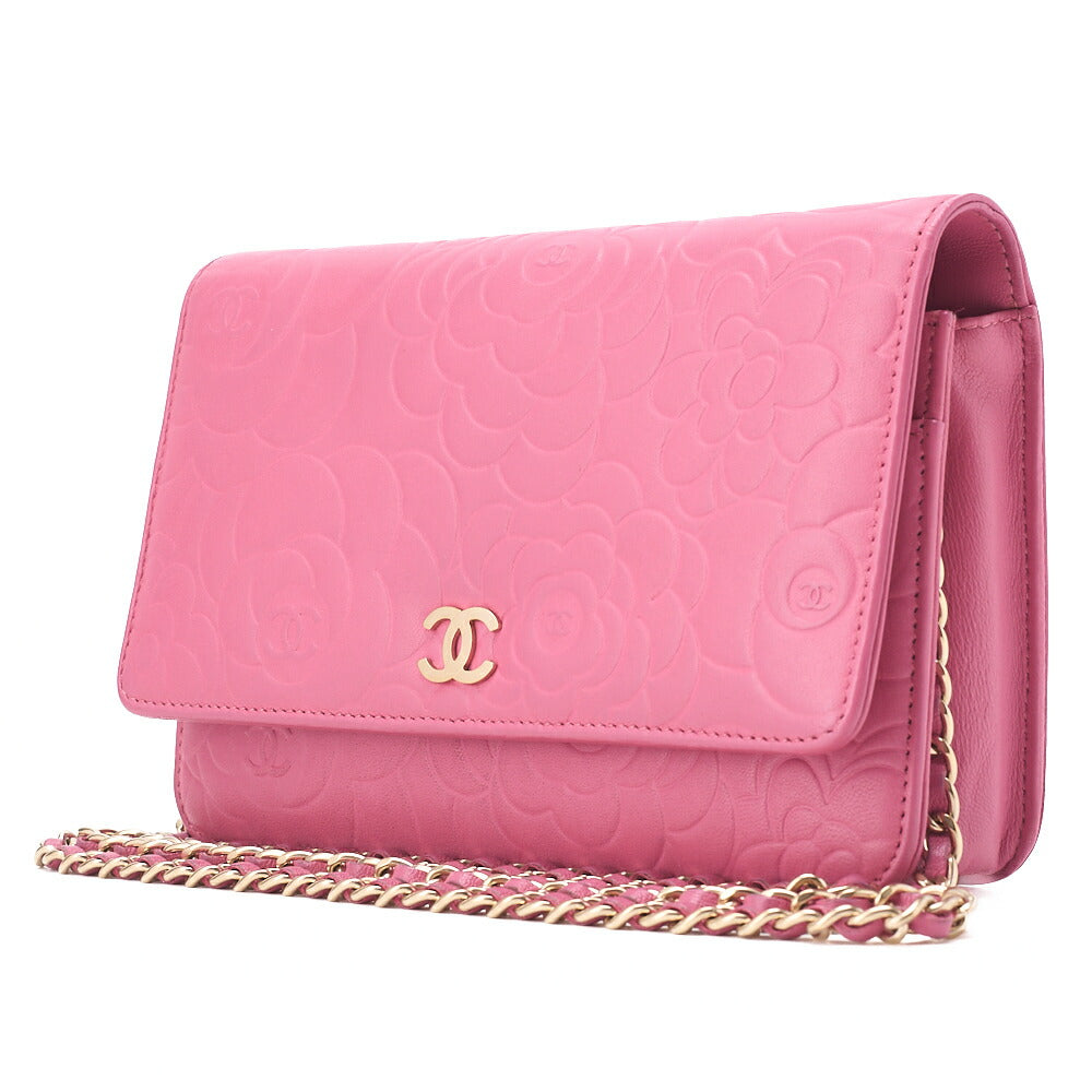 CHANEL Shoulder Bag Chain Wallet Lambskin Pink Gold-Tone Hardware, Pre-Owned