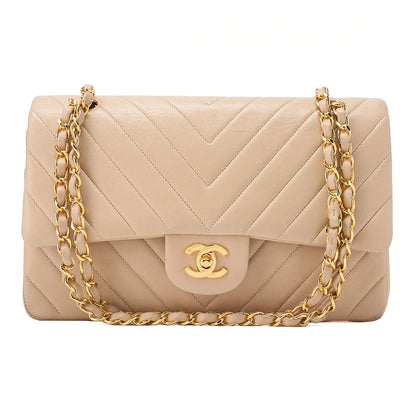 CHANEL Lambskin V Stitch W Flap 25cm Chain Shoulder Beige Gold-Tone Hardware, Pre-Owned
